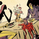 Illustration of a man and a woman eating dinner at a blood-drenched table